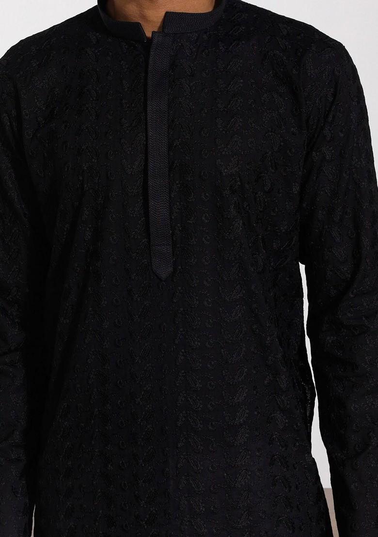 Black Embroidered Poly Blend Kurta For Men