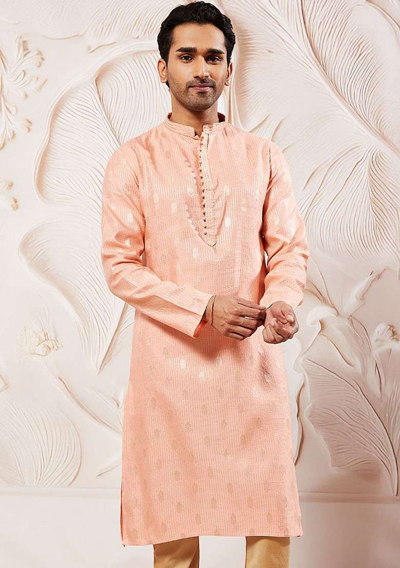 Pink Embroidered Jacquard Kurta For Men - Indya