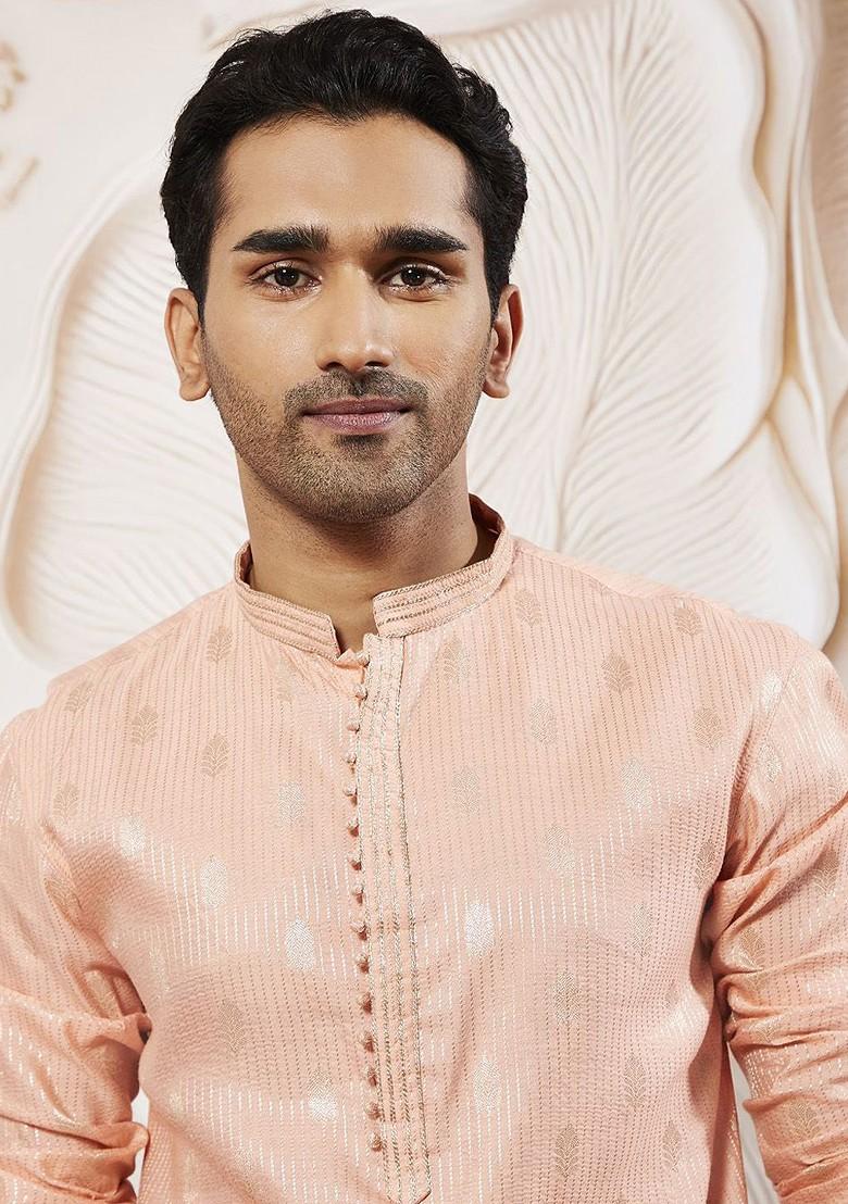 Pink Embroidered Jacquard Kurta For Men