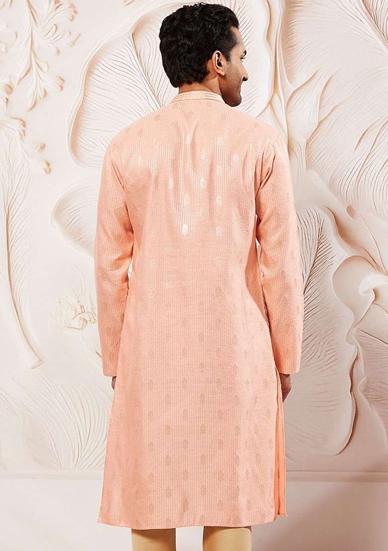 Pink Embroidered Jacquard Kurta For Men - Indya