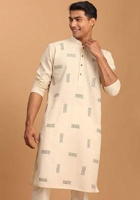 Cream Geometric Print Poly Blend Kurta For Men