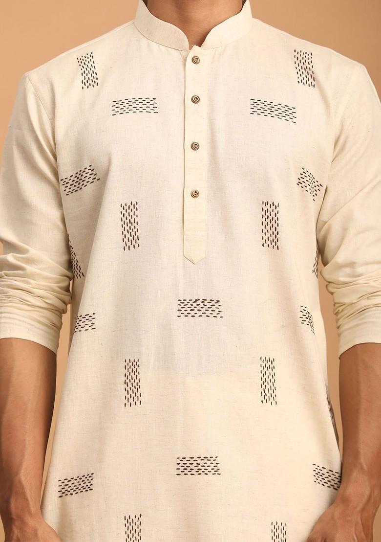 Cream Geometric Print Poly Blend Kurta For Men