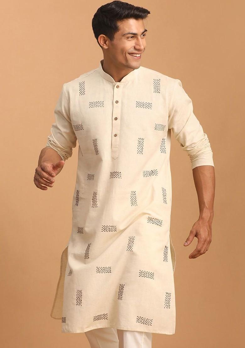 Cream Geometric Print Poly Blend Kurta For Men