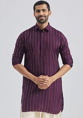 Purple Printed Pathani Kurta For Men