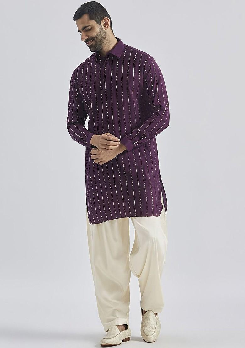 Purple Printed Pathani Kurta For Men
