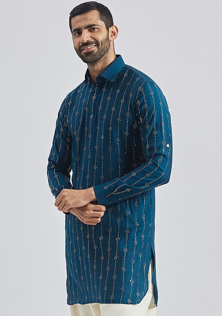 Turquoise Blue Printed Pathani Kurta For Men