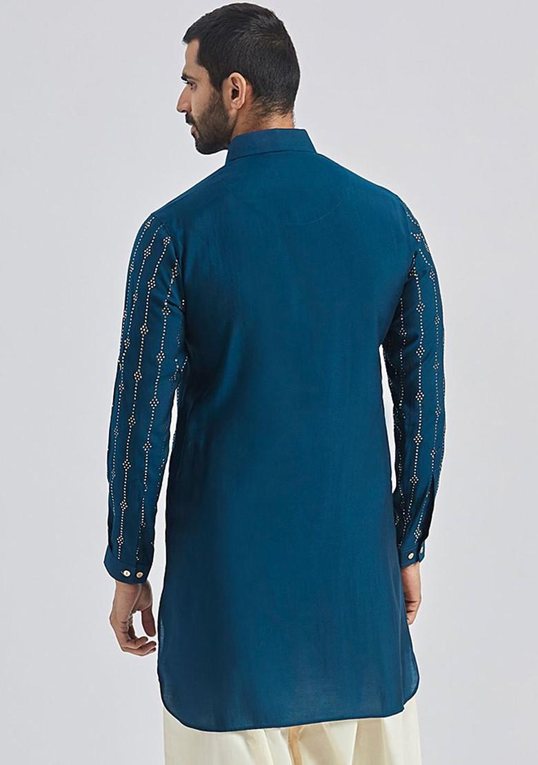 Turquoise Blue Printed Pathani Kurta For Men