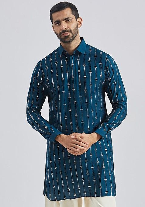 Turquoise Blue Printed Pathani Kurta For Men — view on Indya