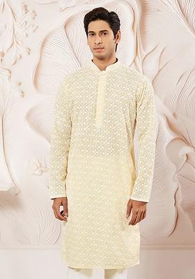 Yellow Floral Print Cotton Kurta For Men