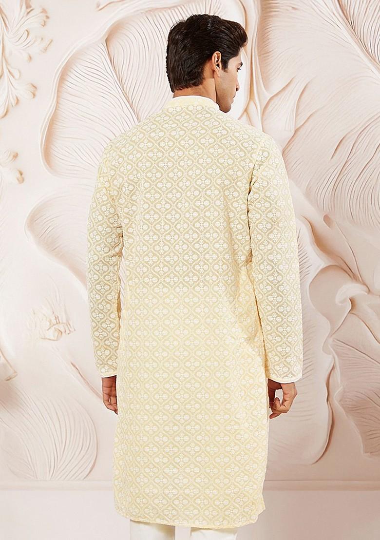 Yellow Floral Print Cotton Kurta For Men