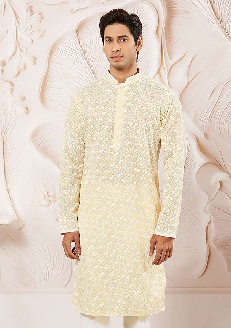 Yellow Floral Print Cotton Kurta For Men - Indya