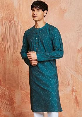 Green Ikat Print Cotton Kurta For Men