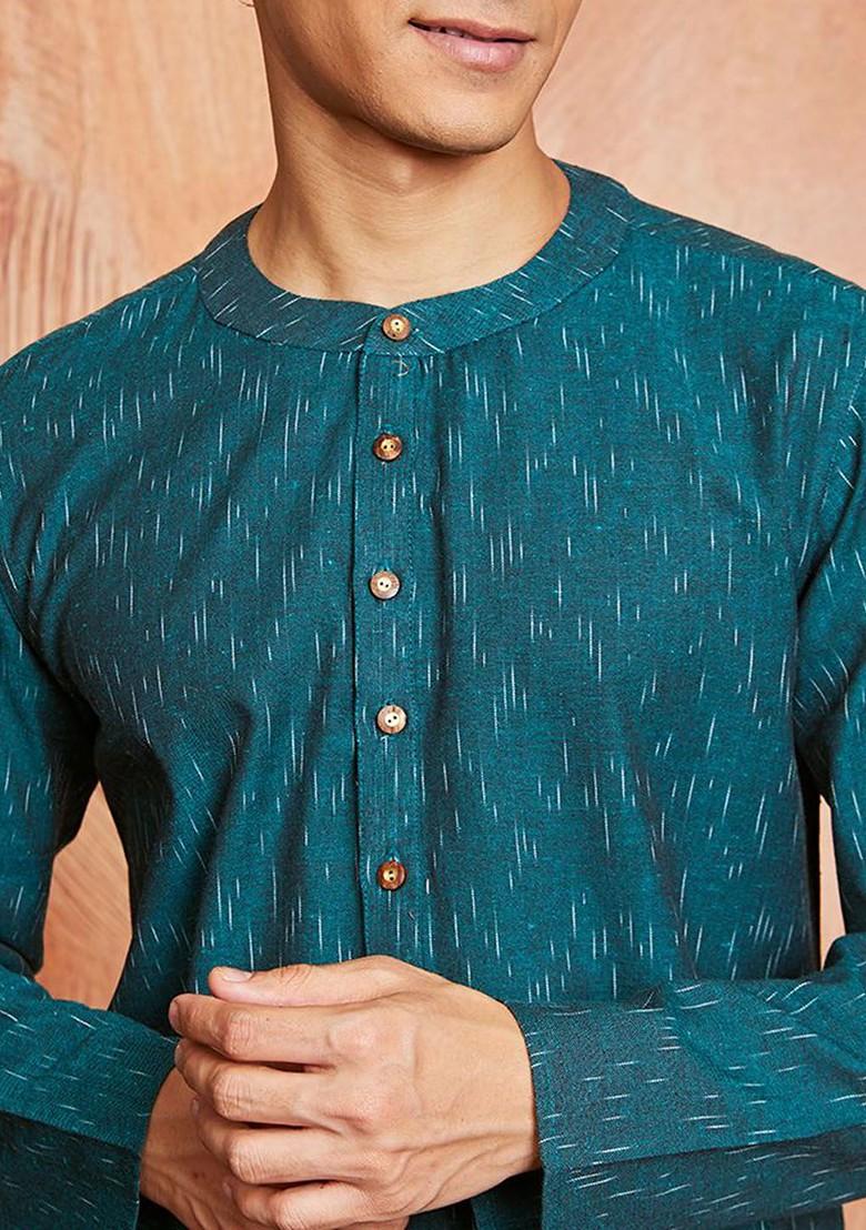 Green Ikat Print Cotton Kurta For Men