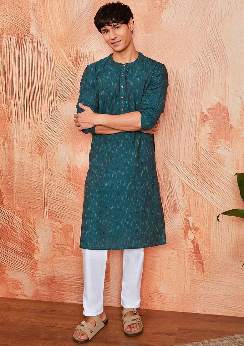 Green Ikat Print Cotton Kurta For Men