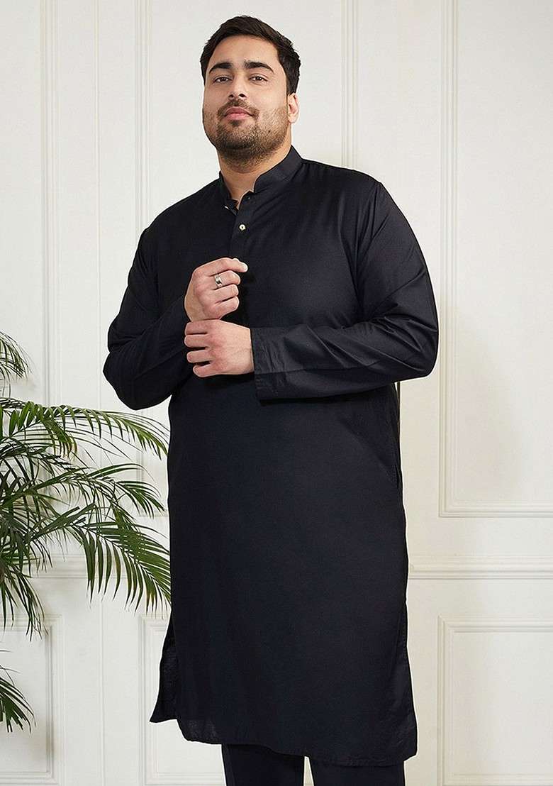 Black Solid Poly Blend Kurta For Men - Indya