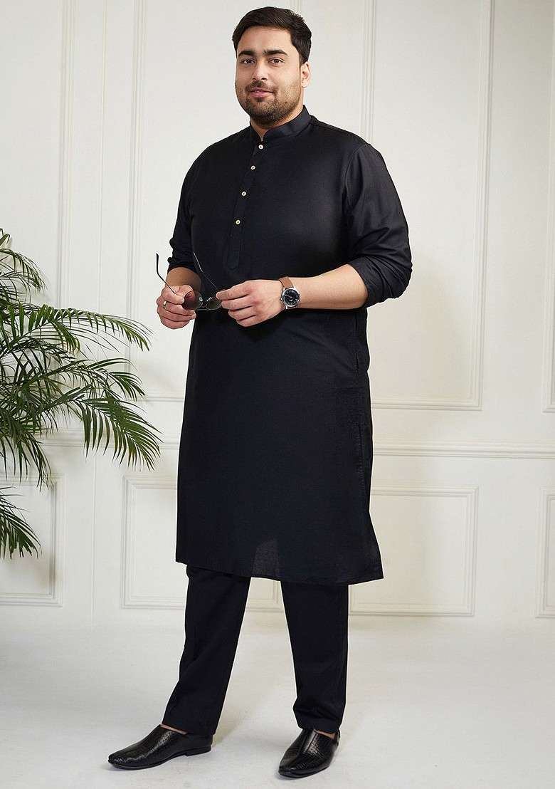 Black Solid Poly Blend Kurta For Men - Indya
