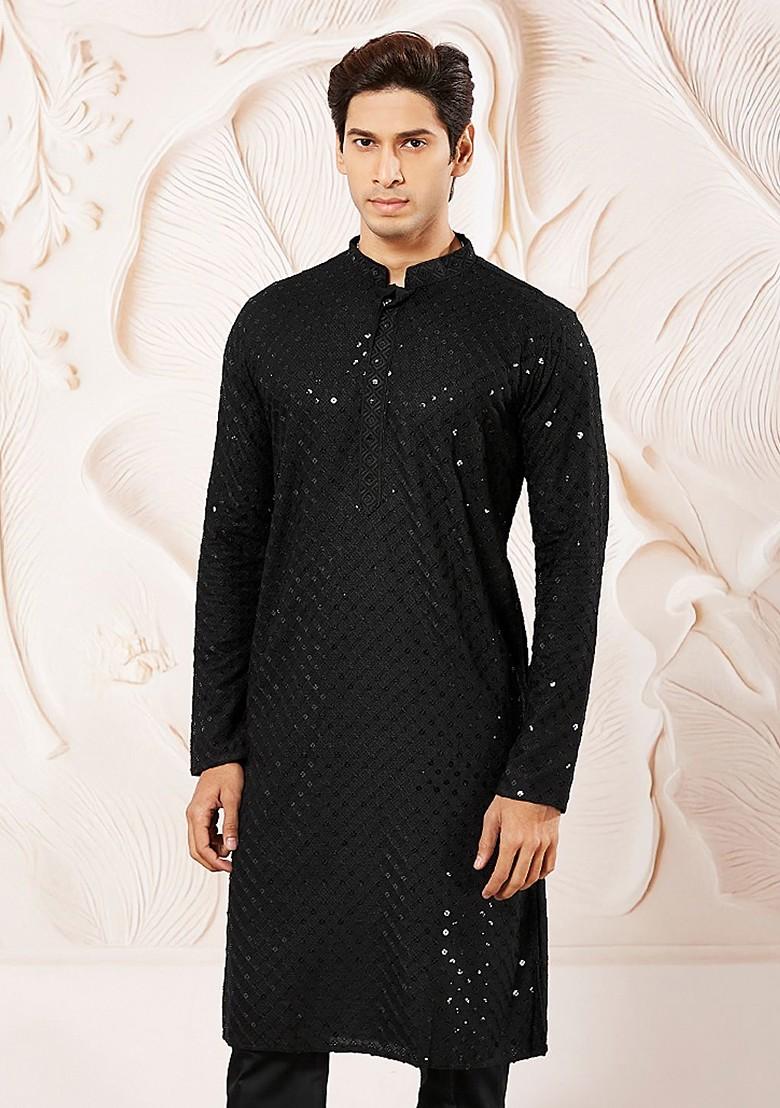 Black Embroidered Poly Blend Kurta For Men