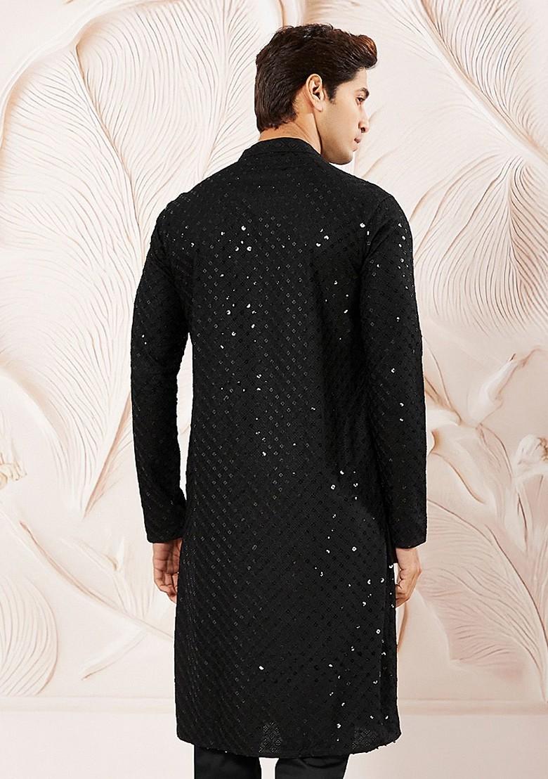 Black Embroidered Poly Blend Kurta For Men