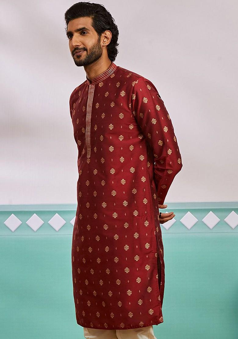 Maroon Geometric Print Poly Blend Kurta For Men