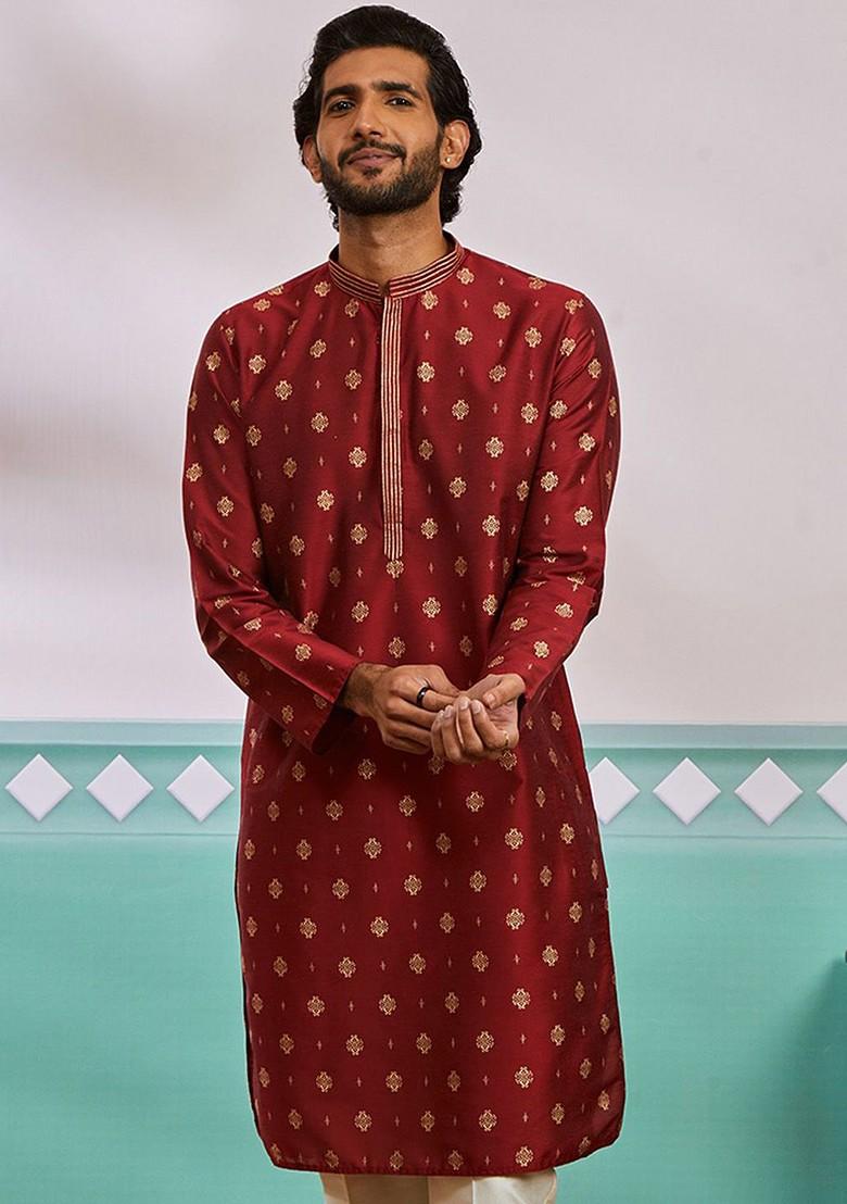 Maroon Geometric Print Poly Blend Kurta For Men