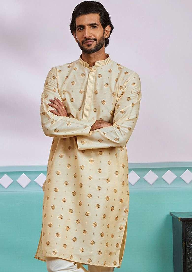 Cream Geometric Print Poly Blend Kurta For Men - Indya