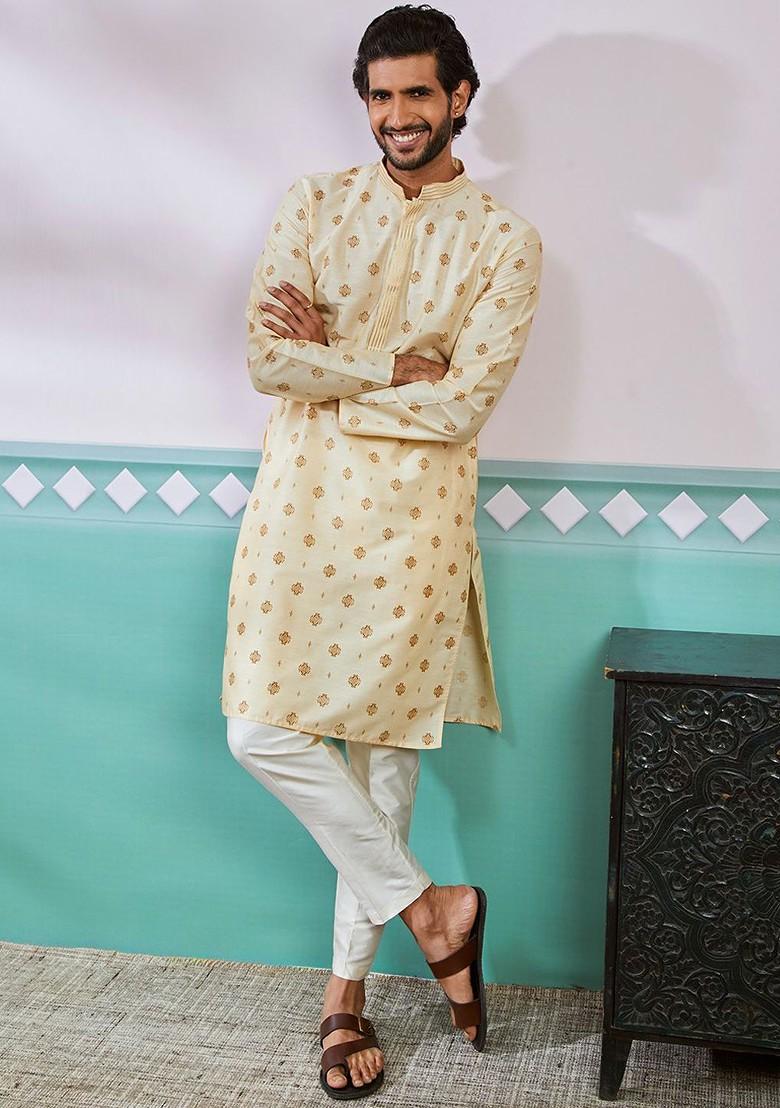 Cream Geometric Print Poly Blend Kurta For Men