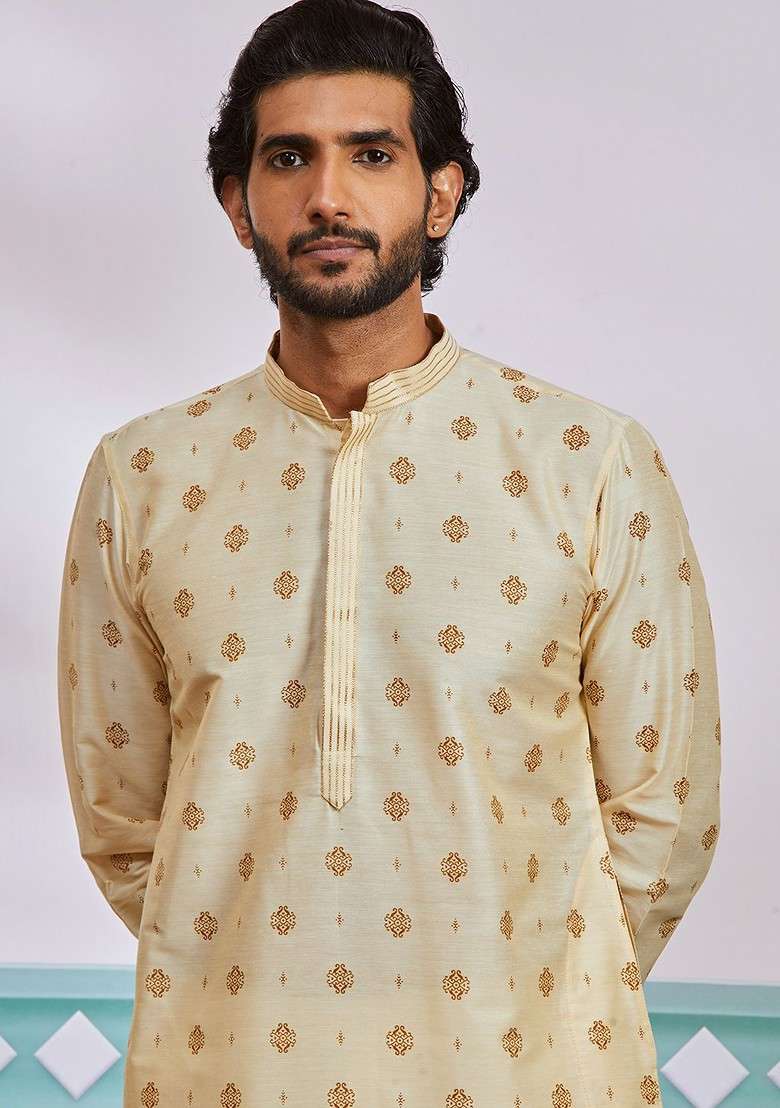 Cream Geometric Print Poly Blend Kurta For Men - Indya