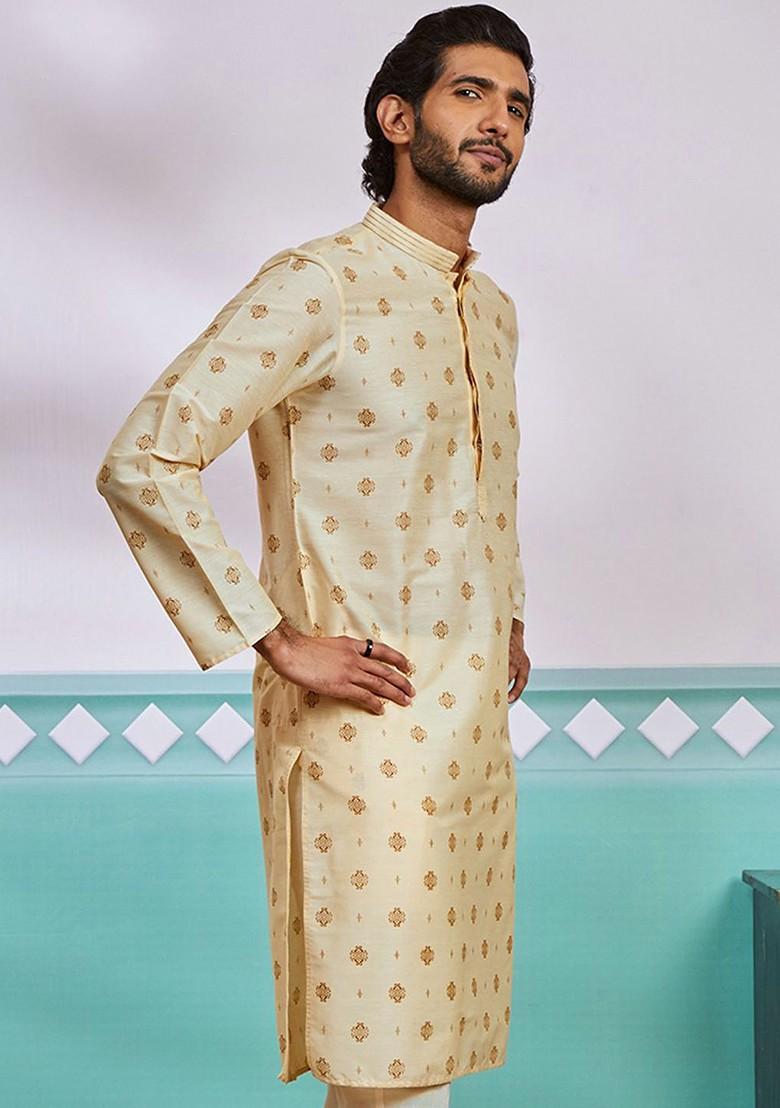 Cream Geometric Print Poly Blend Kurta For Men