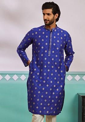 Blue Geometric Print Poly Blend Kurta For Men