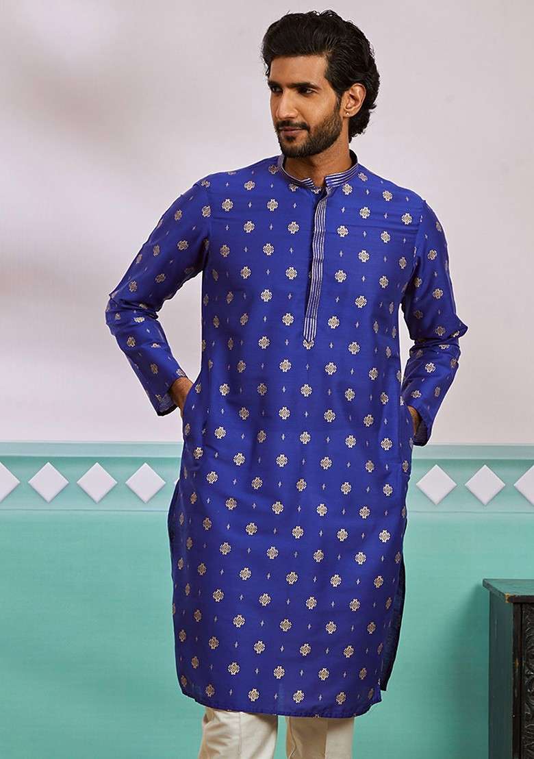 Blue Geometric Print Poly Blend Kurta For Men - Indya
