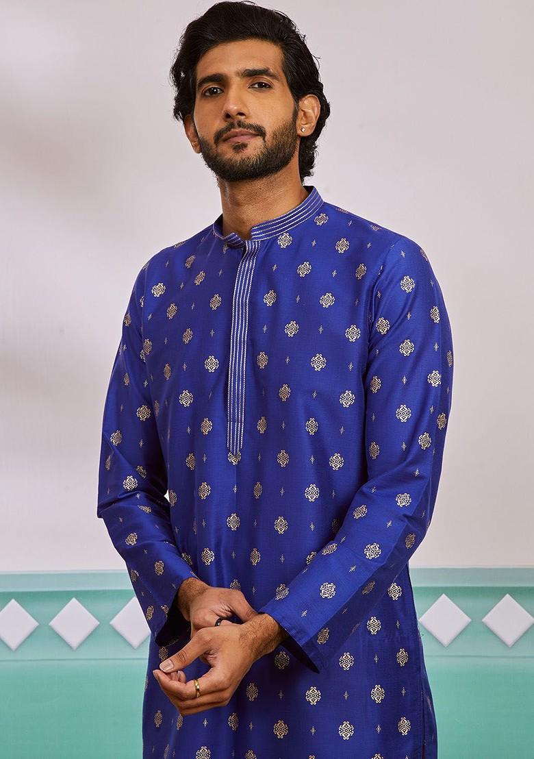 Blue Geometric Print Poly Blend Kurta For Men