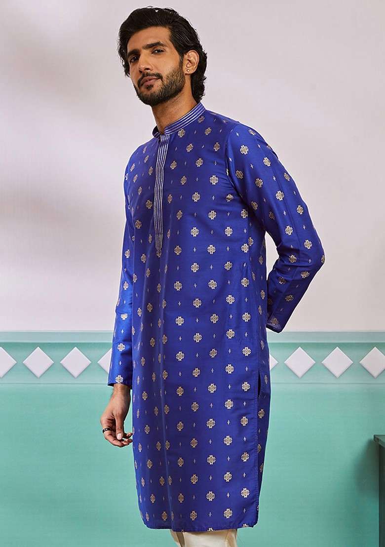Blue Geometric Print Poly Blend Kurta For Men - Indya