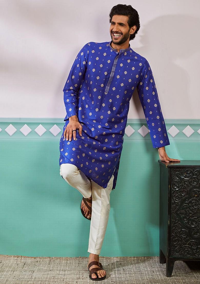 Blue Geometric Print Poly Blend Kurta For Men