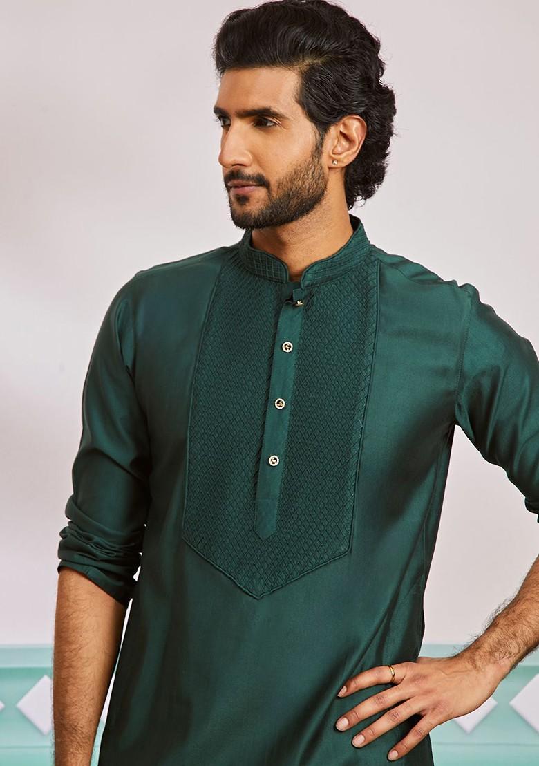 Green Solid Poly Blend Kurta For Men