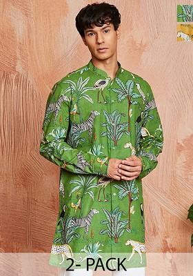 Green Floral Print Cotton Kurta For Men