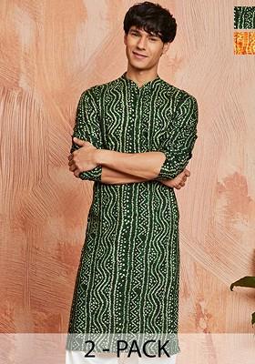 Green Bandhani Print Poly Blend Kurta For Men