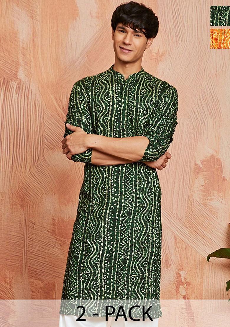 Green Bandhani Print Poly Blend Kurta For Men