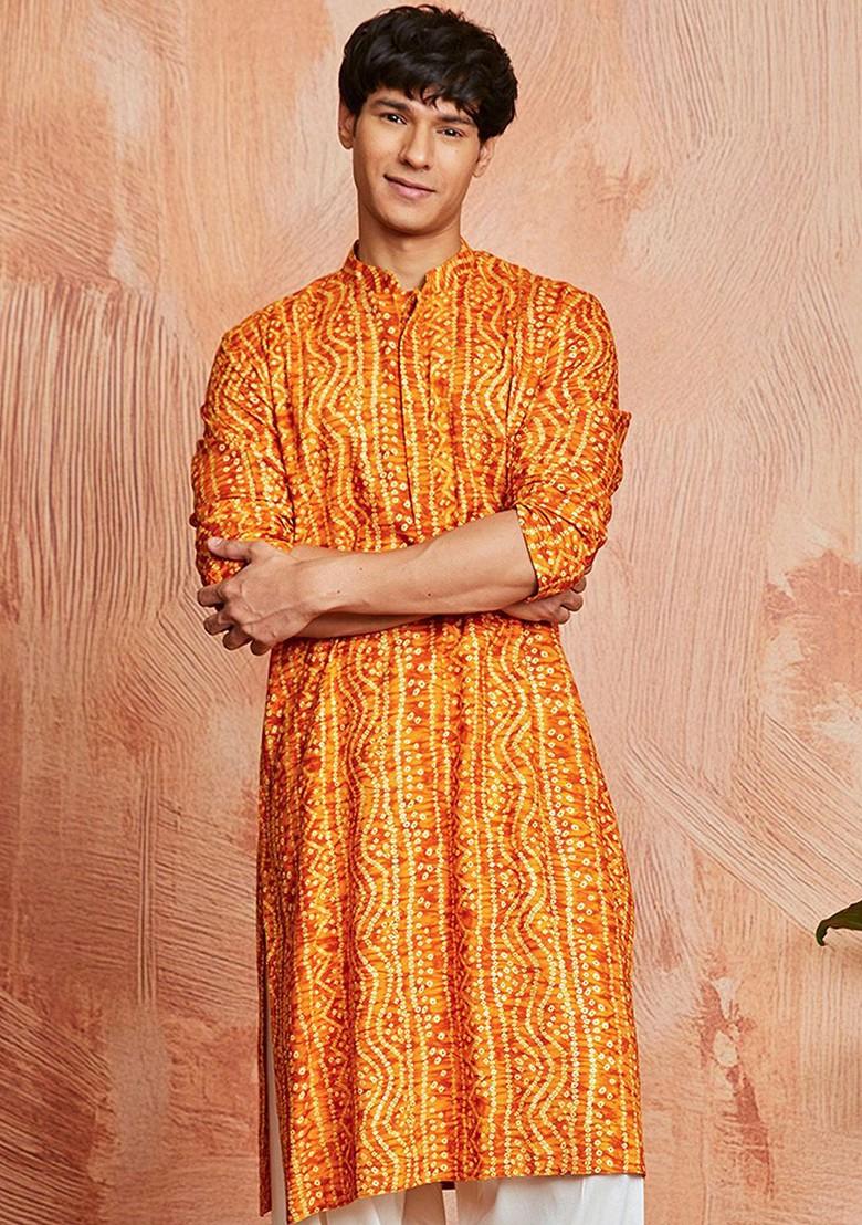 Green Bandhani Print Poly Blend Kurta For Men