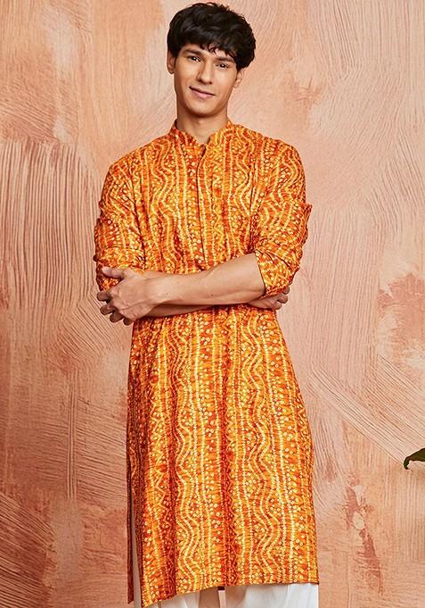 Green Bandhani Print Poly Blend Kurta For Men