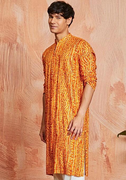 Green Bandhani Print Poly Blend Kurta For Men