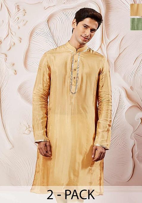 Gold Sequin Work Silk Kurta For Men