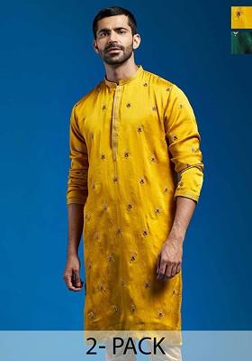 Mustard Ethnic Motifs Poly Blend Kurta For Men
