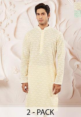 Yellow Floral Print Cotton Kurta For Men
