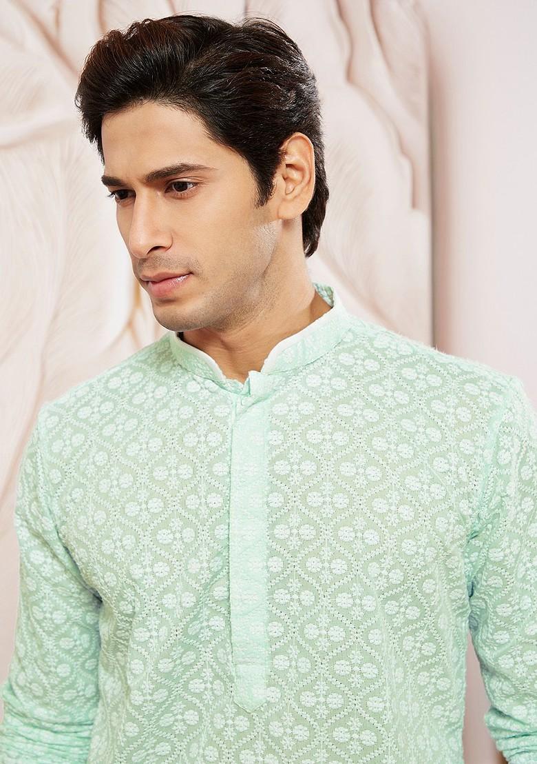 Yellow Floral Print Cotton Kurta For Men