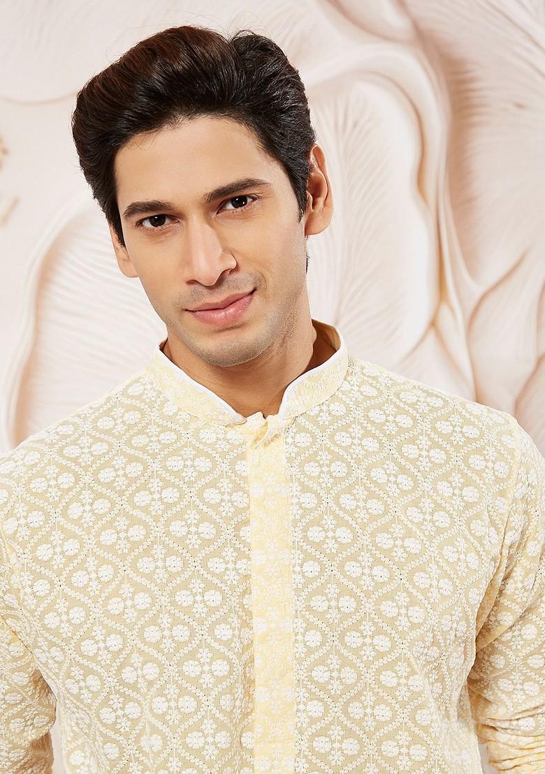 Yellow Floral Print Cotton Kurta For Men
