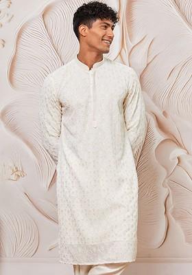 Cream Floral Print Silk Kurta For Men