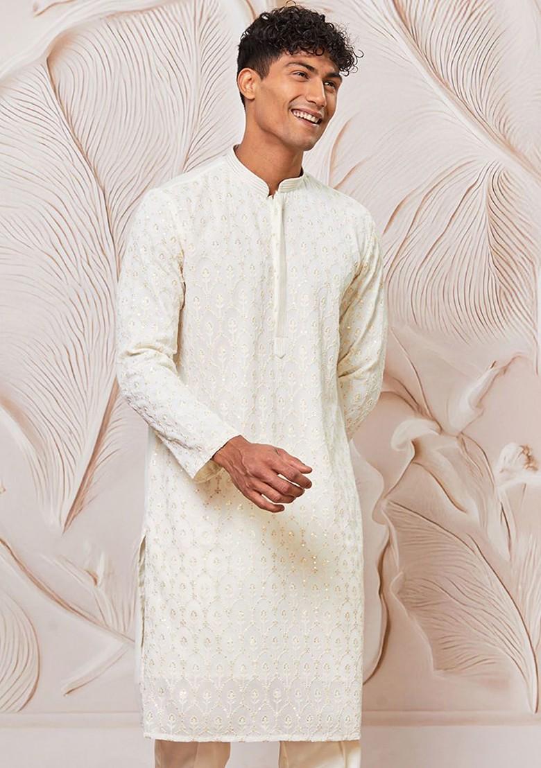 Cream Floral Print Silk Kurta For Men