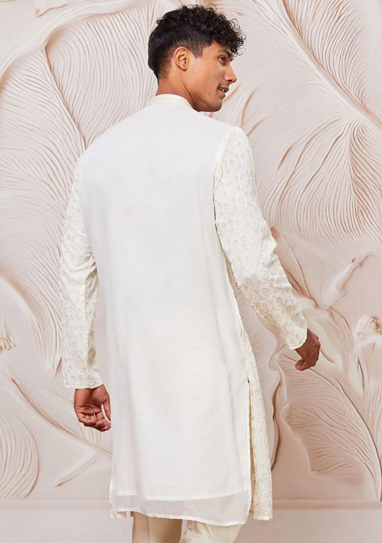 Cream Floral Print Silk Kurta For Men