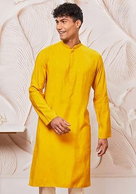 Mustard Embroidered Poly Blend Kurta For Men