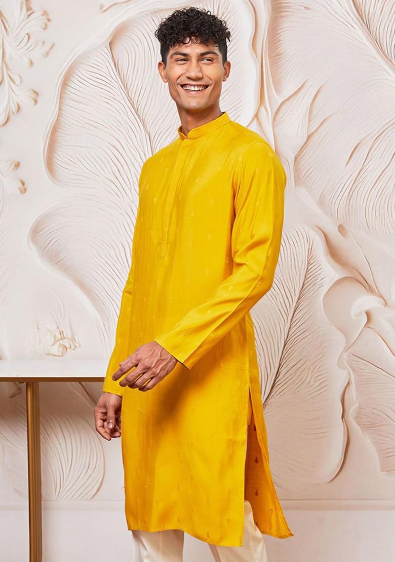 Mustard Embroidered Poly Blend Kurta For Men